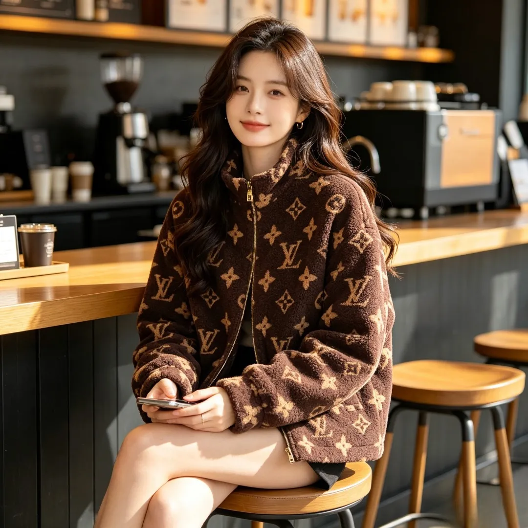 Louis Vuitton/Louis Vuitton dark brown all-over printed old flower Teddy polar fleece stand-up collar jacket